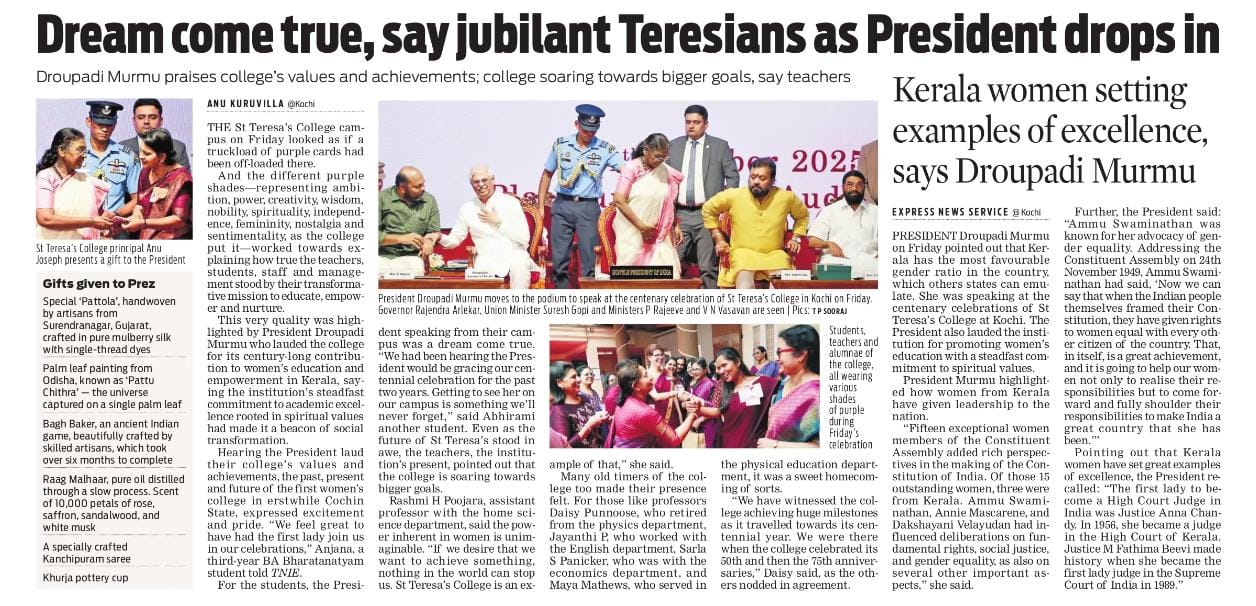 St. Teresa&rsquo;s College in Centenary Glory; Hon&rsquo;ble President of India to Grace the Celebrations
